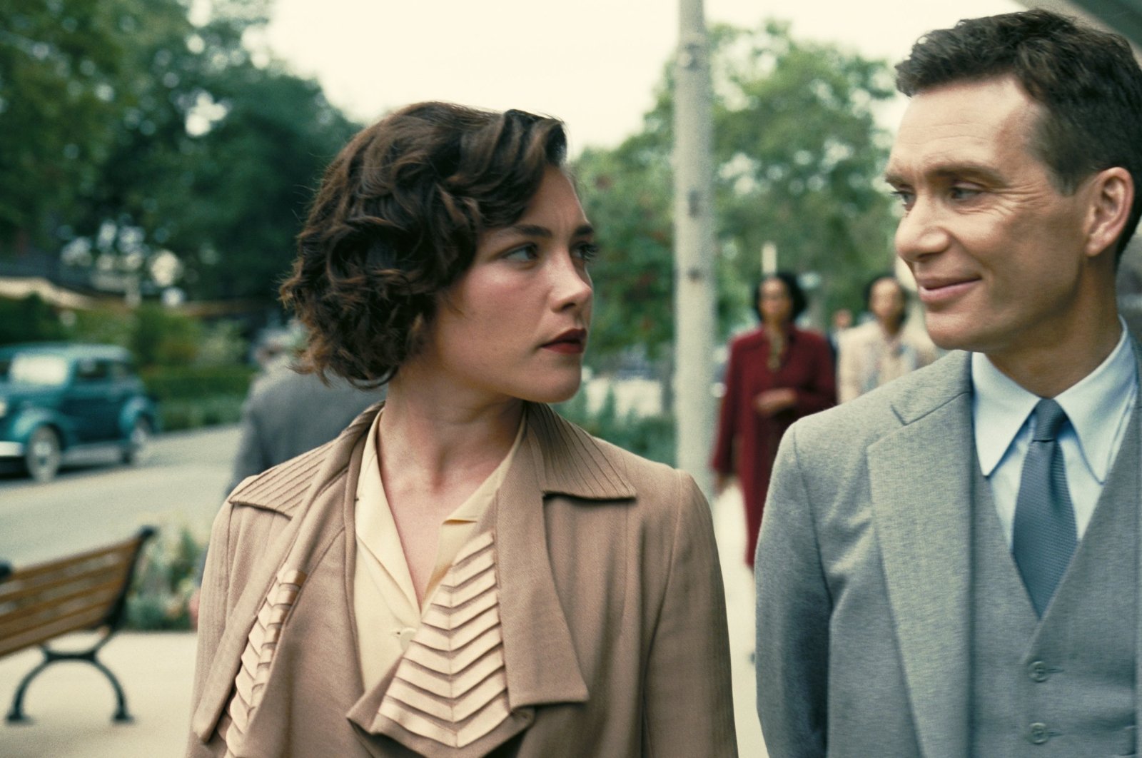 This image released by Universal Pictures shows Florence Pugh as Jean Tatlock (L) and Cillian Murphy as J. Robert Oppenheimer in a scene from "Oppenheimer." (AP Photo)
