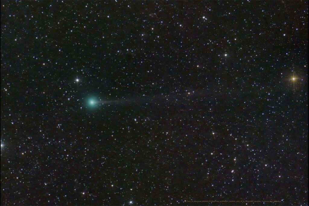 The comet Nishimura is pictured while sporting a green coma and a thin tail, June Lake, California, U.S., Aug. 21, 2023. (Photo courtesy of NASA)