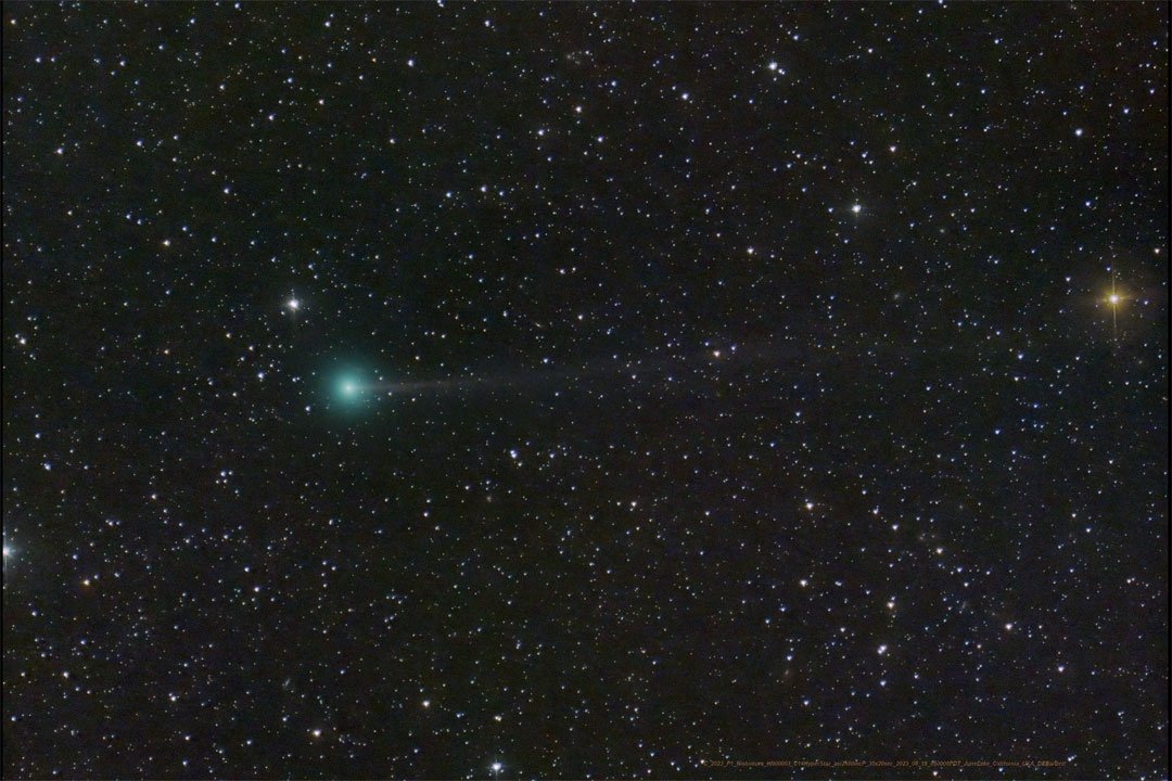 The comet Nishimura is pictured while sporting a green coma and a thin tail, June Lake, California, U.S., Aug. 21, 2023. (Photo courtesy of NASA)