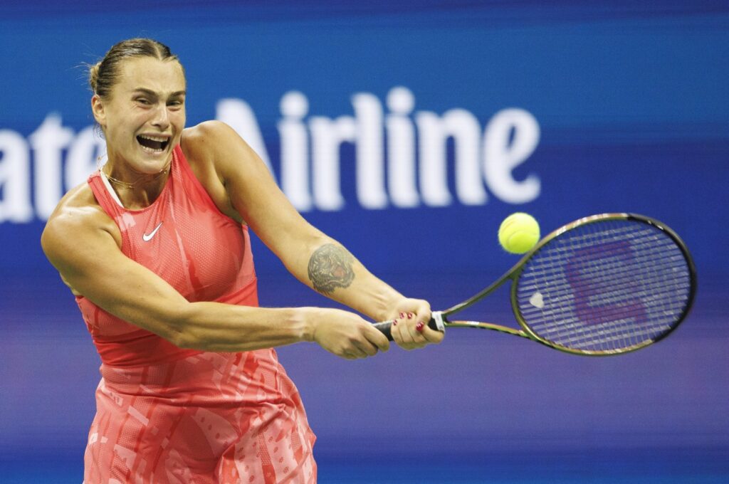Belarus' Aryna Sabalenka returns the ball to Daria Kasatkina of Russia during their fourth round match at the US Open Tennis Championships at the USTA National Tennis Center in Flushing Meadows, New York, U.S., Sept. 4, 2023. (EPA Photo)