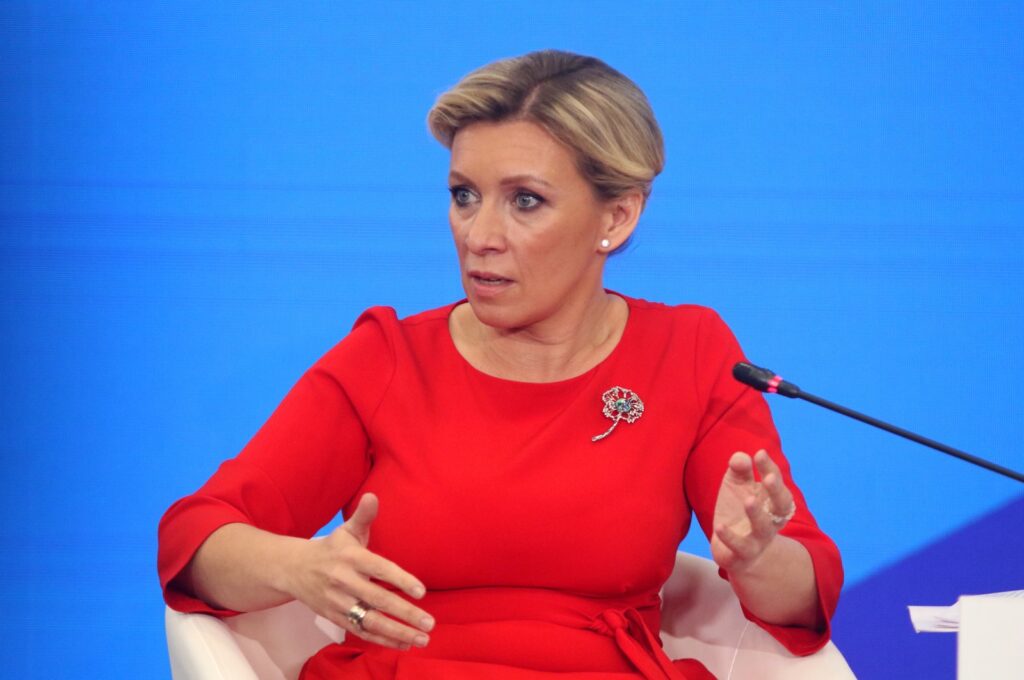 Russia's Foreign Ministry spokesperson Maria Zakharova speaks at the Second Summit Economic and Humanitarian Forum 2023 in Saint Petersburg. (Reuters Photo)
