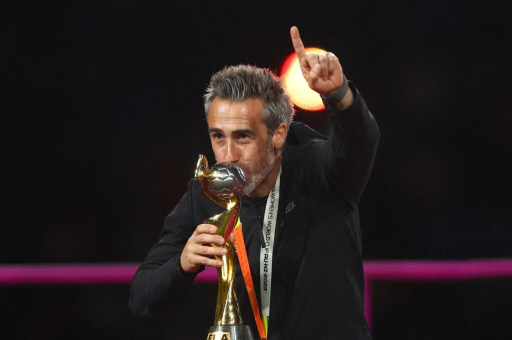 Spain coach Jorge Vilda celebrates with the trophy after winning the Women's World Cup at the Stadium Australia, Sydney, Australia, Aug. 20, 2023. (Reuters Photo)