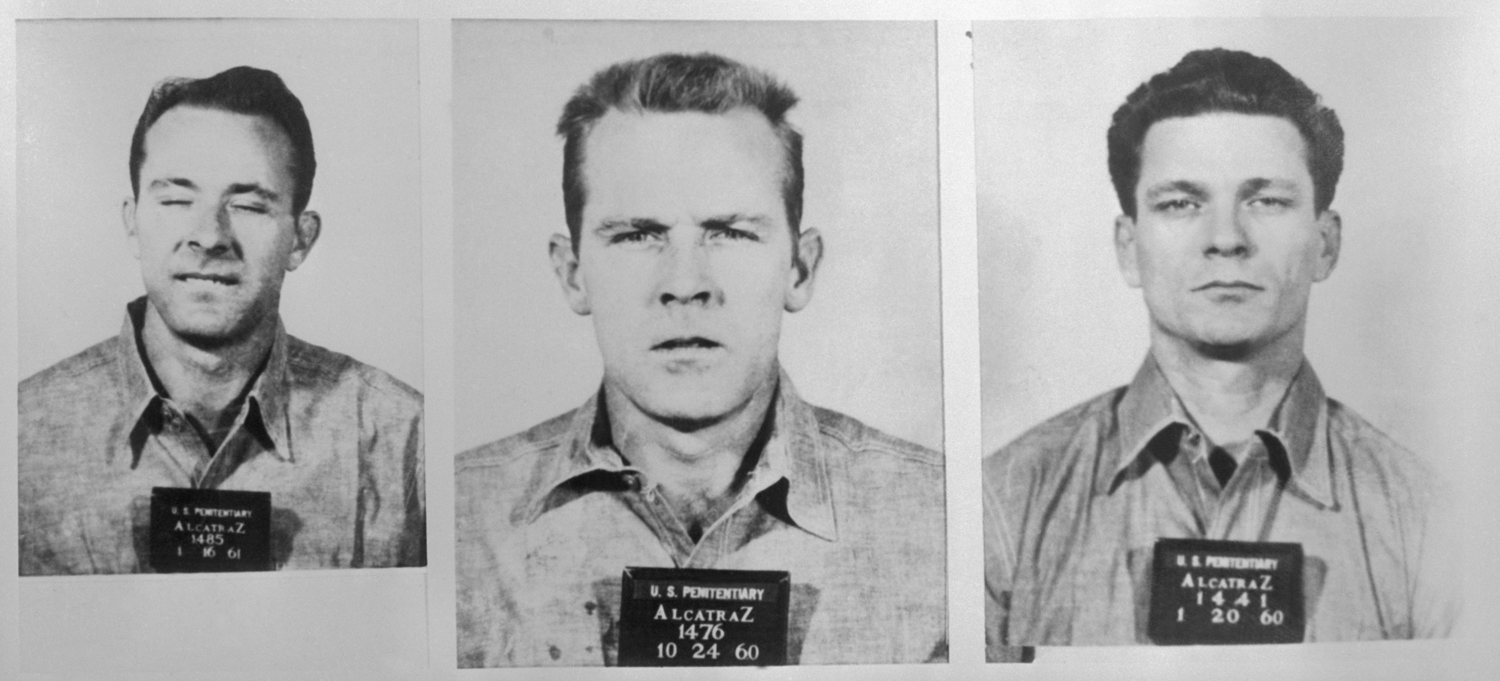 290871 Mug shots of three prisoners who made a rare escape from Alcatraz Island. (L-R) Clarence Anglin, John William Anglin and Frank Lee. (Getty Images Photo)
