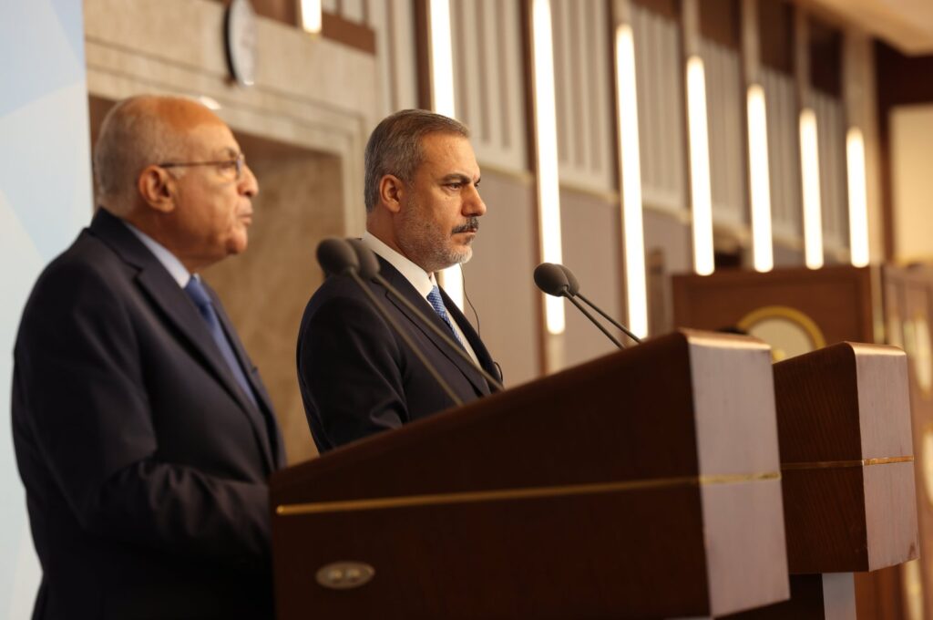 Turkish Foreign Minister Hakan Fidan (R) attends the news conference with his Algerian counterpart Ahmed Attaf, in the capital Ankara, Türkiye, September 7, 2023. (AA Photo)