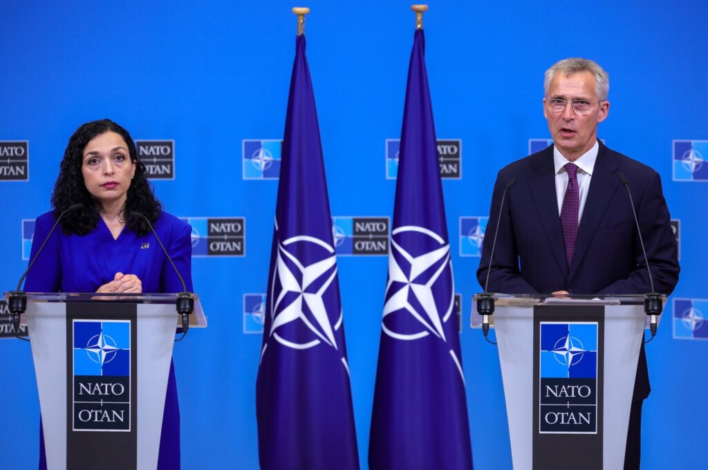 Kosovo President Vjosa Osmani-Sadriu (L) and NATO Secretary-General Jens Stoltenberg hold a joint news conference at alliance headquarters, Brussels, Belgium, Sept. 7, 2023. (EPA Photo)