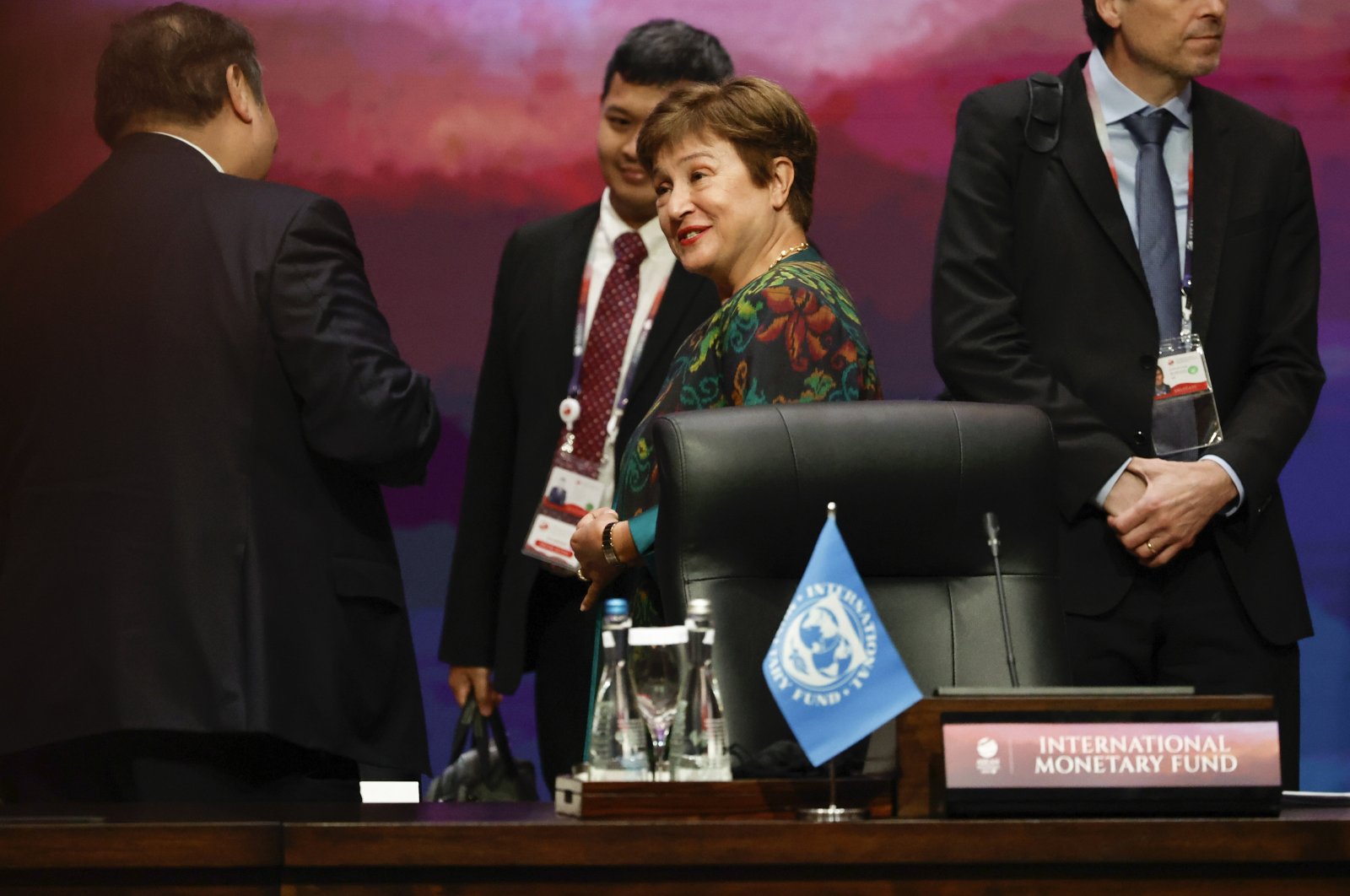 IMF Managing Director Kristalina Georgieva (C) reacts as she talks with Indonesia's Coordinating Minister for Economic Affairs Airlangga Hartarto (L) during a plenary session of the 43rd Association of Southeast Asian Nations (ASEAN) Summit in Jakarta, Indonesia, Sept. 5, 2023. (EPA Photo)
