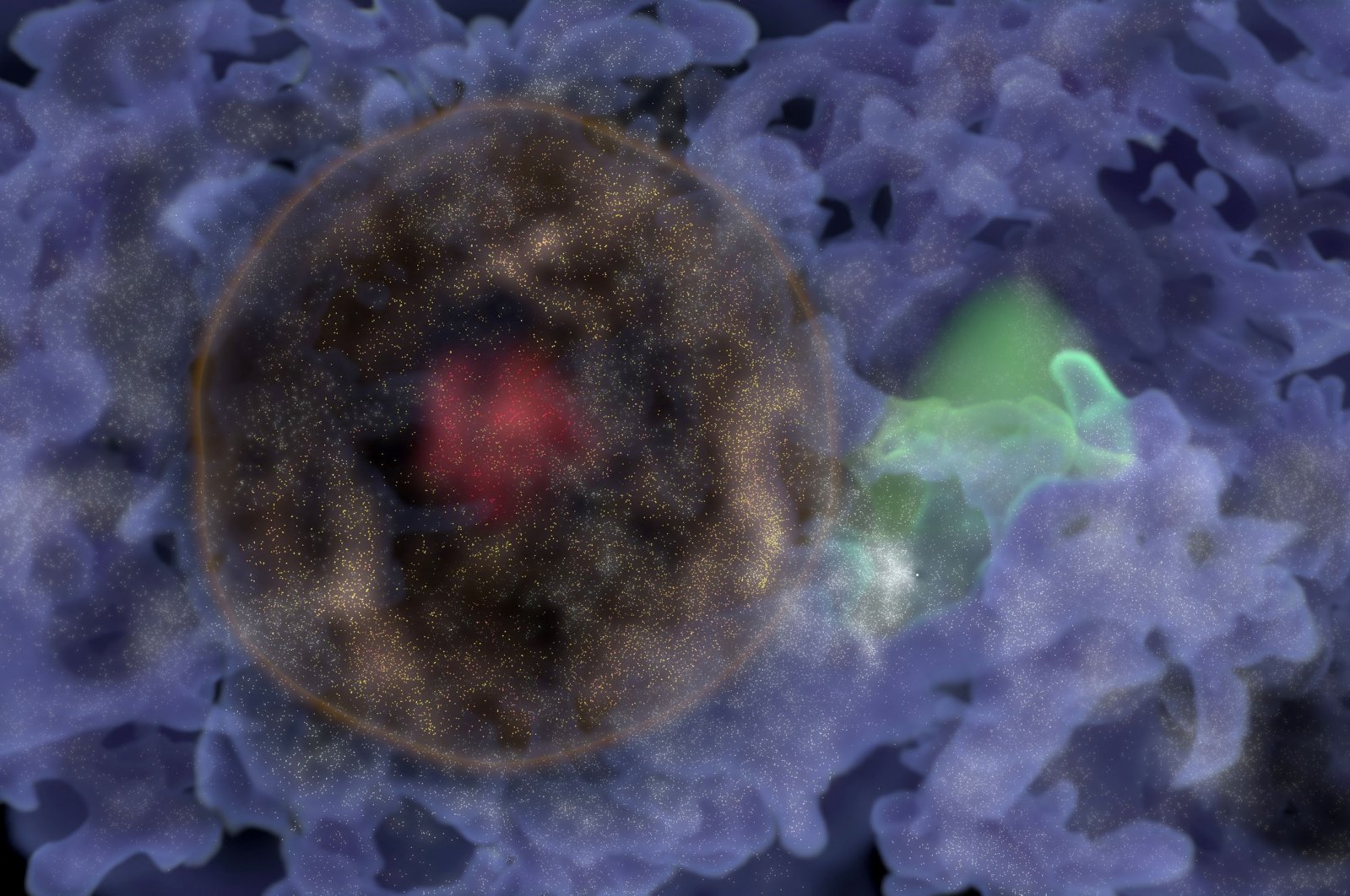 A 3D representation of the galaxy "Bubble," colored in brown. with the position of the Milky Way, with a small white dot located outside the bubble on the right, in a white cloud. The blue wisps represent the "cosmic web," the filaments of galaxies that make up other large structures in the Universe, such as Laniakea. (Animea Studio / CEA Handout / AFP Photo)