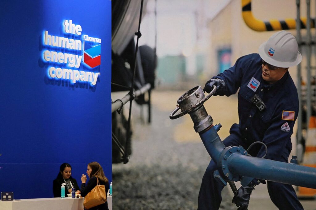 The logo of American multinational energy corporation Chevron is displayed at their booth during the LNG 2023 energy trade show in Vancouver, Canada, July 12, 2023. (Reuters Photo)
