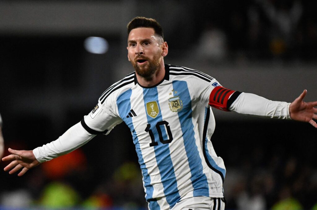 Argentina's forward Lionel Messi celebrates after scoring a goal during the 2026 FIFA World Cup South American qualifiers football match against Ecuador, at the Mas Monumental stadium, Buenos Aires, Argentina, Sept. 7, 2023. (AFP Photo)