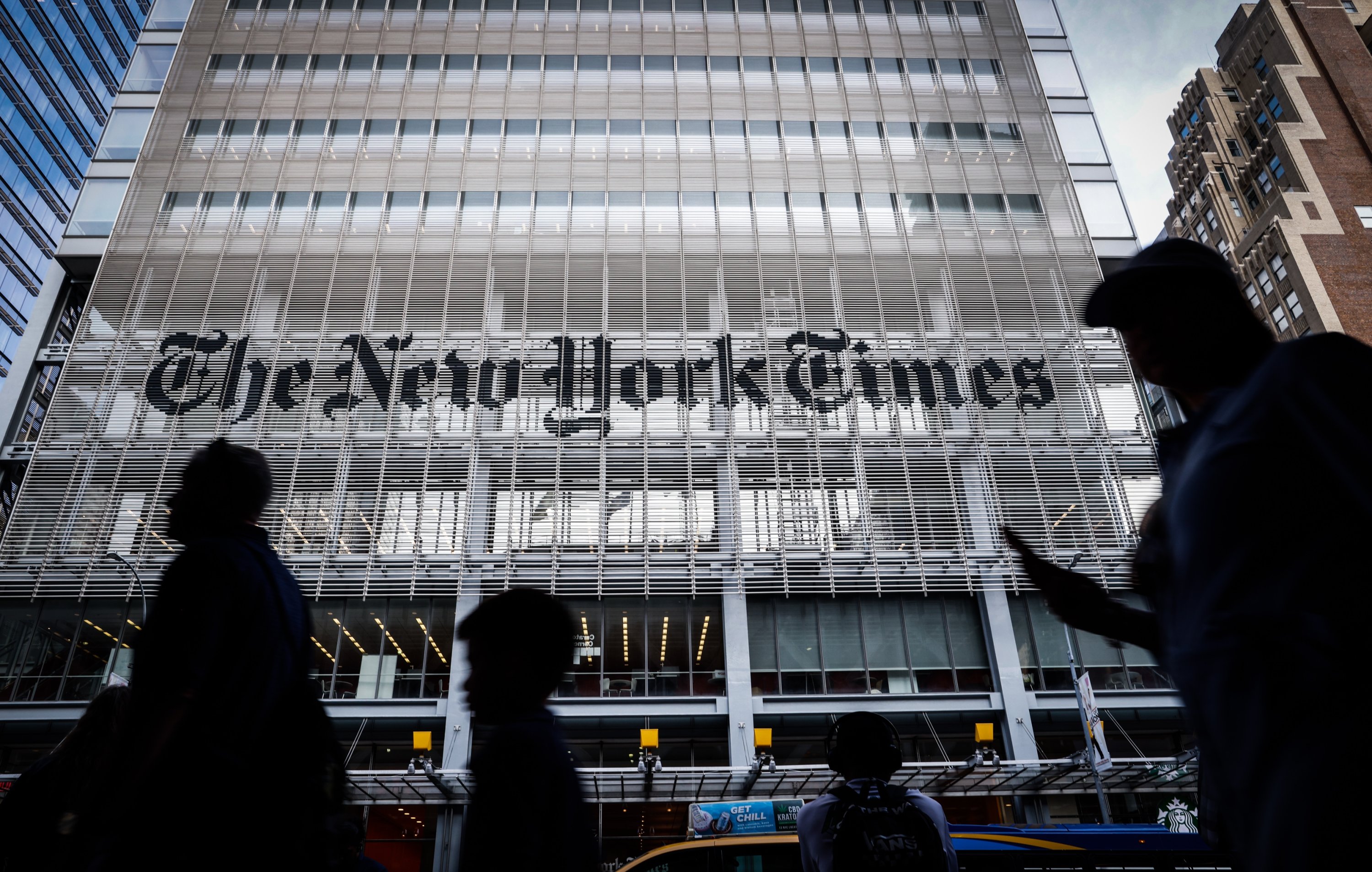 291173 People walk in front of The New York Times building, New York City, U.S., Aug. 7, 2023. (Getty Images Photo)