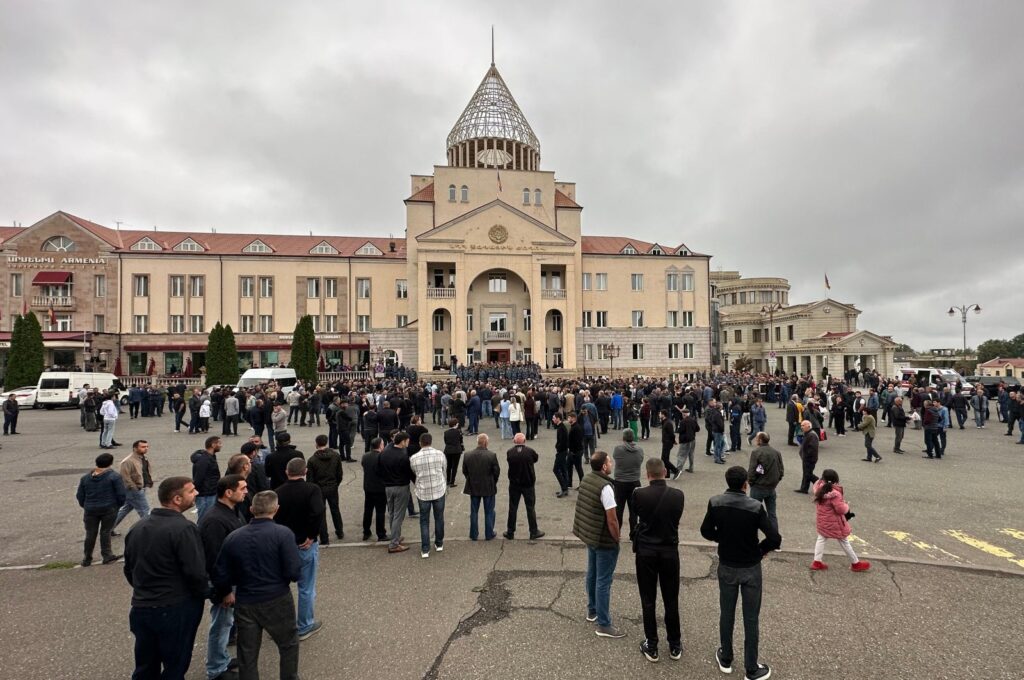 People gather outside Karabakh's pro-separatist parliament building during the self-proclaimed election of a new president in Khankendi, on Sept.9, 2023. (AFP Photo)