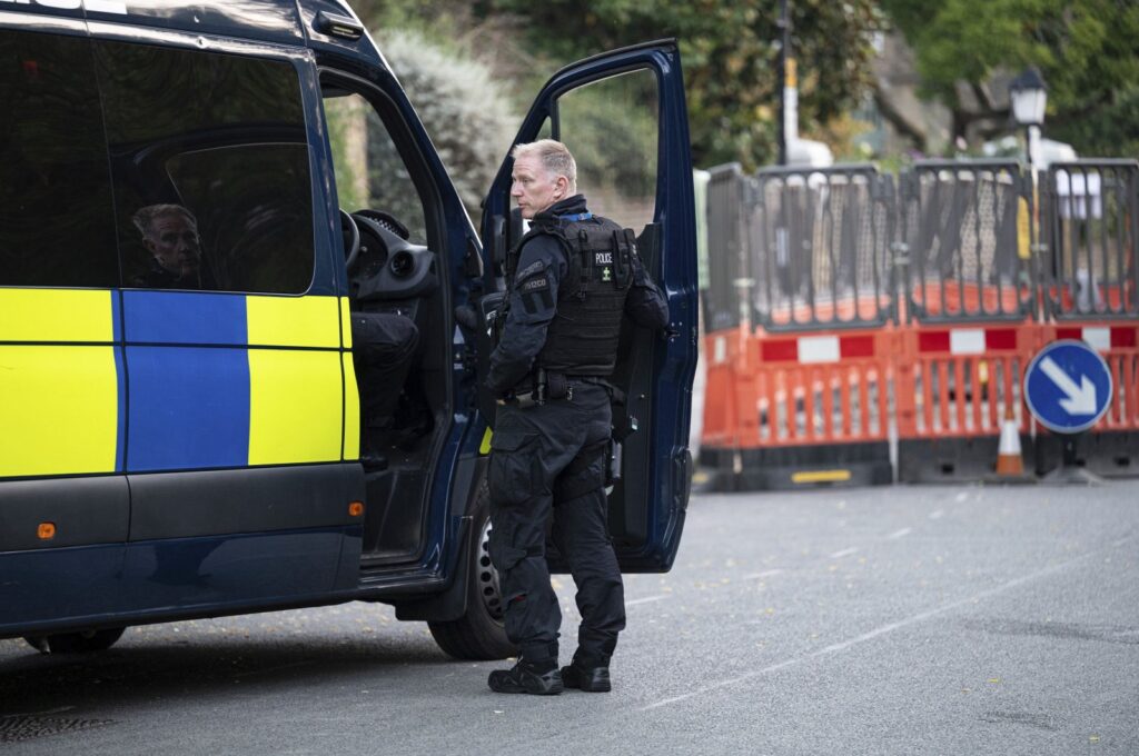 Police patrol in the Chiswick area as the hunt for Daniel Khalife enters its fourth day, in west London, Saturday, Sept. 9, 2023. (AP Photo)