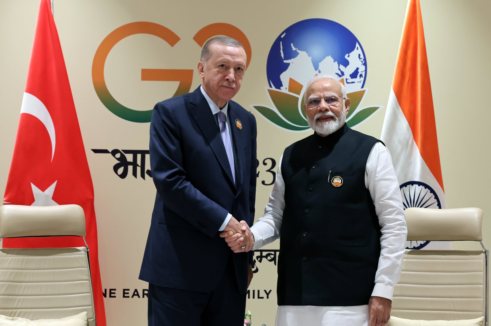 President Recep Tayyip Erdogan meets Indian Prime Minister Narendra Modi on the sidelines of G20 in New Delhi, India, Sept.10, 2023 (DHA Photo)
