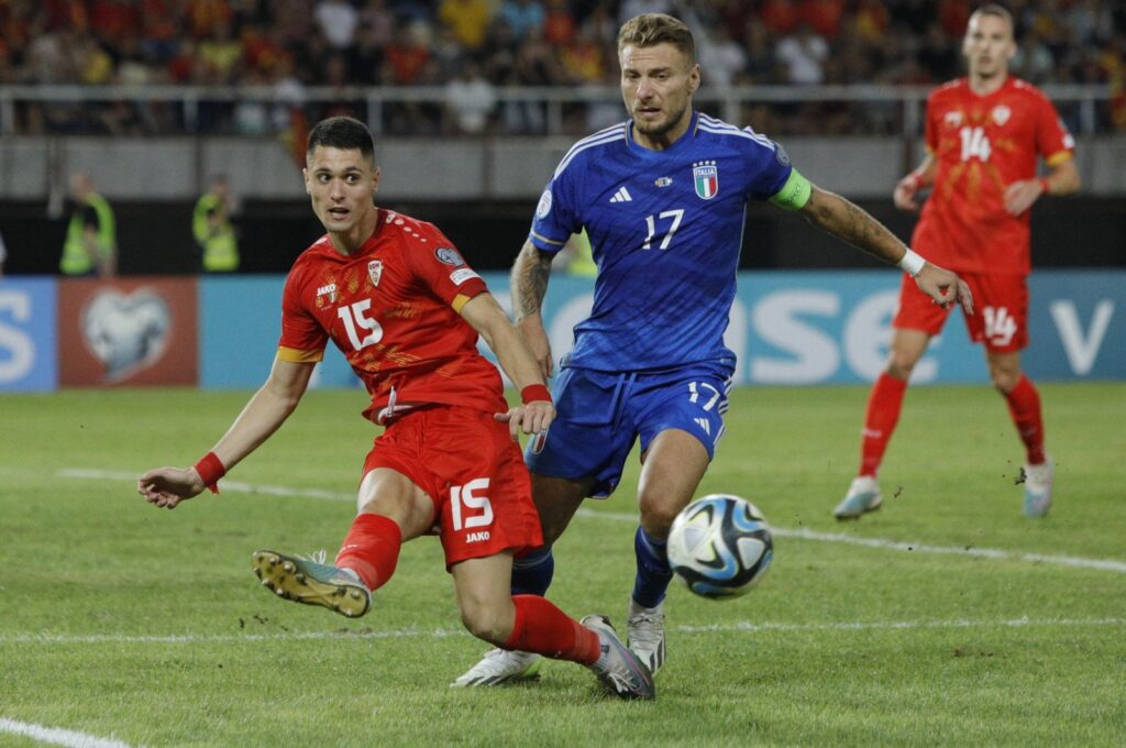 North Macedonia's Jovan Manev in action with Italy's Ciro Immobile during a Euro 2024 qualifier match, Skopje, North Macedonia, Sept. 9, 2023. (Reuters Photo)