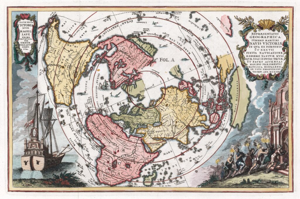 Heinrich Scherer, Magellanic world map entitled "Representatio Geographica Itineris Maritimi Navis Victoriae...," using a north polar projection and showing the route of Magellan's circumnavigation. (Getty Images Photo)