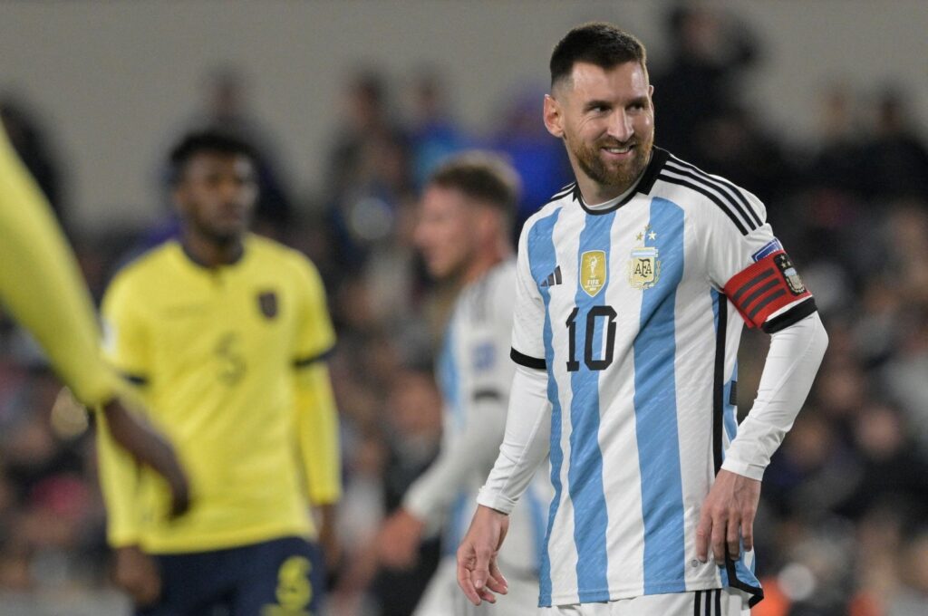 Argentina's forward Lionel Messi gestures during the 2026 FIFA World Cup South American qualifiers football match between Argentina and Ecuador, at the Mas Monumental stadium, Buenos Aires, Argentina, Sept. 7, 2023. (AFP Photo)