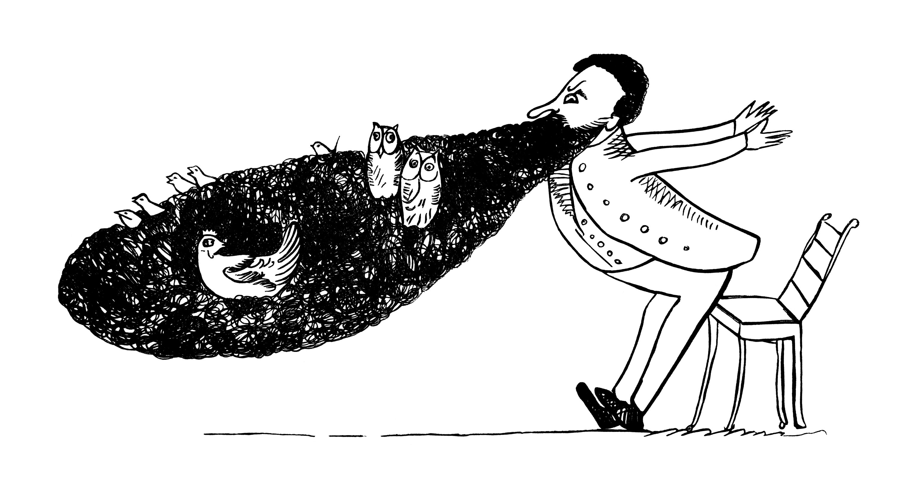 291724 A man with an over-indulgent beard looks surprised to discover a number of birds – including a chicken and a pair of owls – nesting within its luxuriant tresses. From “The Book of Nonsense – 27th Edition“ by Edward Lear. (Getty Images Photo)