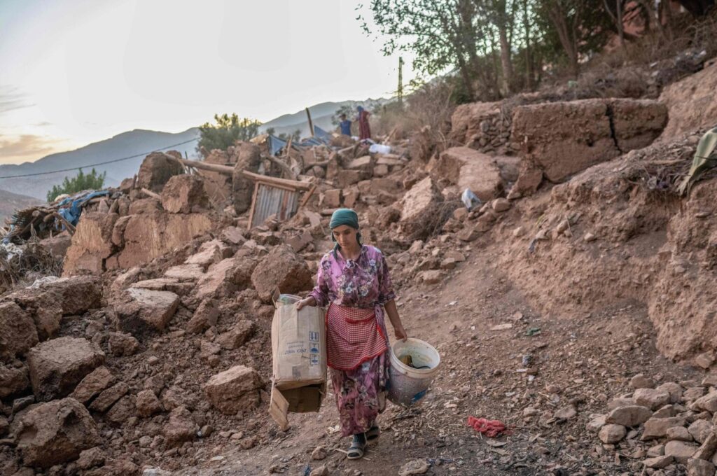 A woman walks in her village in the mountainous area of Tizi N'Test, in the Taroudant province, Morocco, Sept. 11, 2023. (AFP Photo)