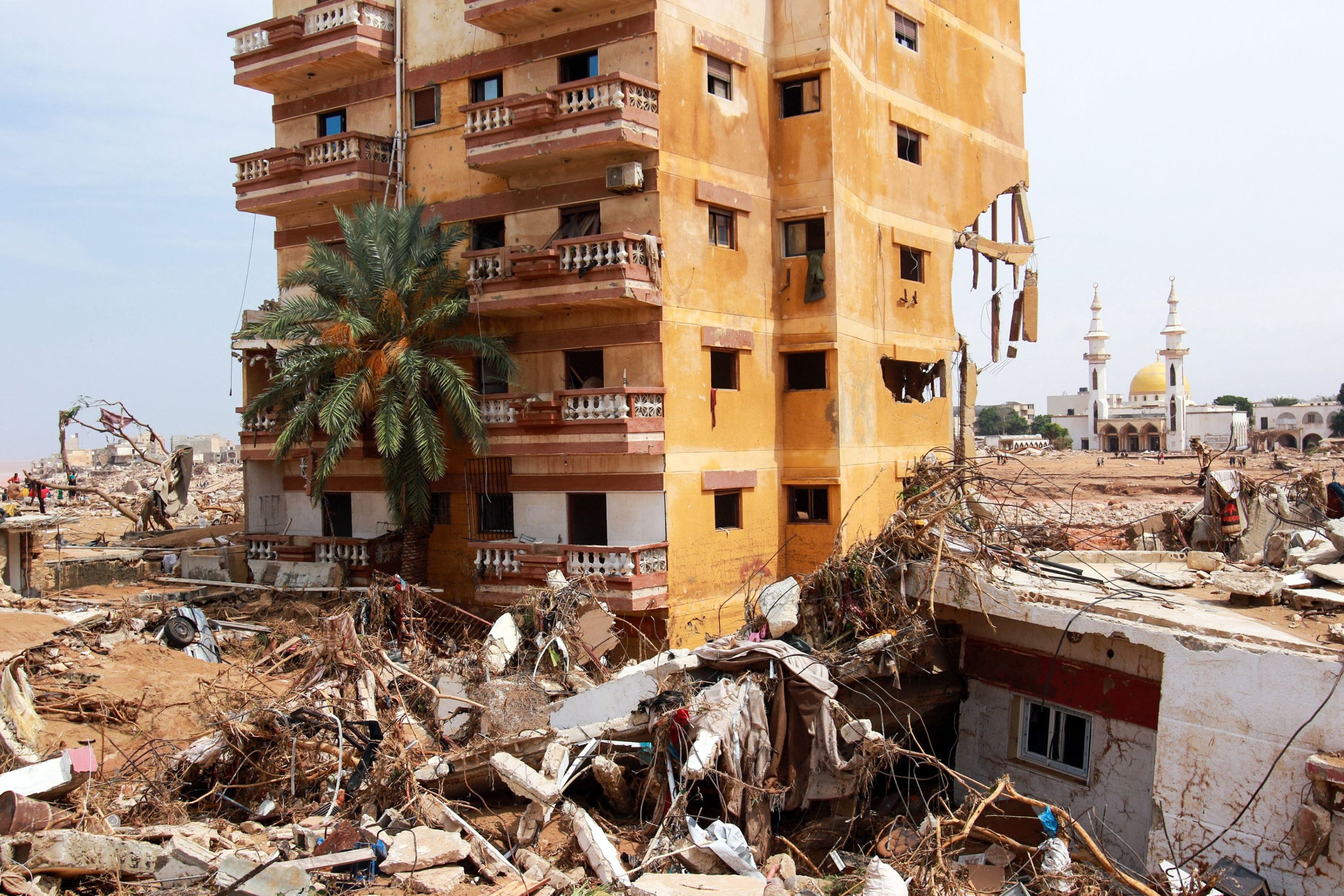 291803 An area damaged by flash floods is pictured in Derna, eastern Libya, on September 11, 2023. The death toll from freak floods in eastern Libya is expected to soar dramatically, with 10,000 people reported missing, the Red Cross warned on September 12. Officials in Libya have said at least 150 people were killed in the sudden flooding on Sunday afternoon after storm Daniel swept the Mediterranean, lashing Bulgaria, Greece and Turkey. (Photo by AFP)