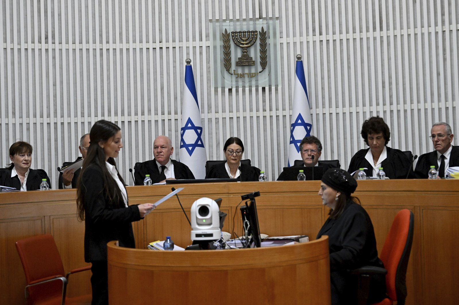 An Israeli Supreme Court bench hears petitions against Prime Minister Benjamin Netanyahu's contentious judicial overhaul, Israel, Sept. 12, 2023. (AP Photo)