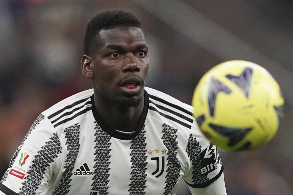 Juventus' Paul Pogba controls the ball during an Italian Cup match against Inter, Milan, Italy, April 26, 2023. (AP Photo)