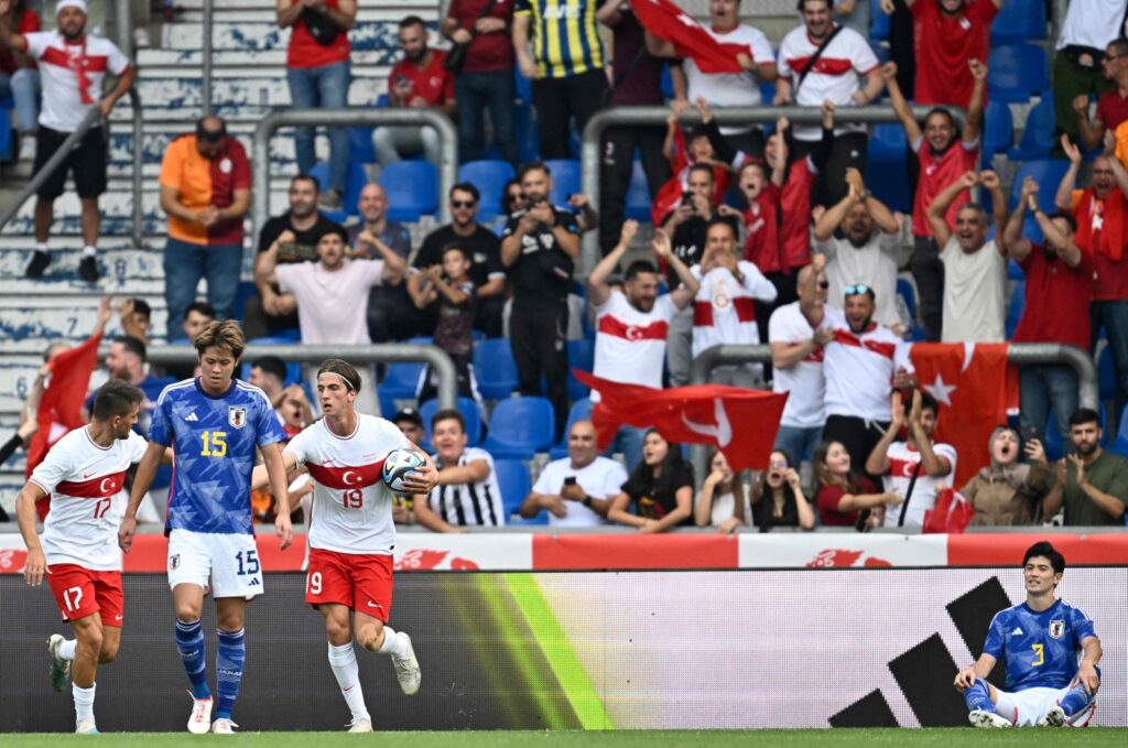 Türkiye's forward Bertuğ Yıldırım (3rd L) celebrates after scoring his team's second goal during the friendly football match between Japan and Türkiye at the Cegeka Arena in Genk, eastern Belgium, on Sept. 12, 2023. (AFP Photo)
