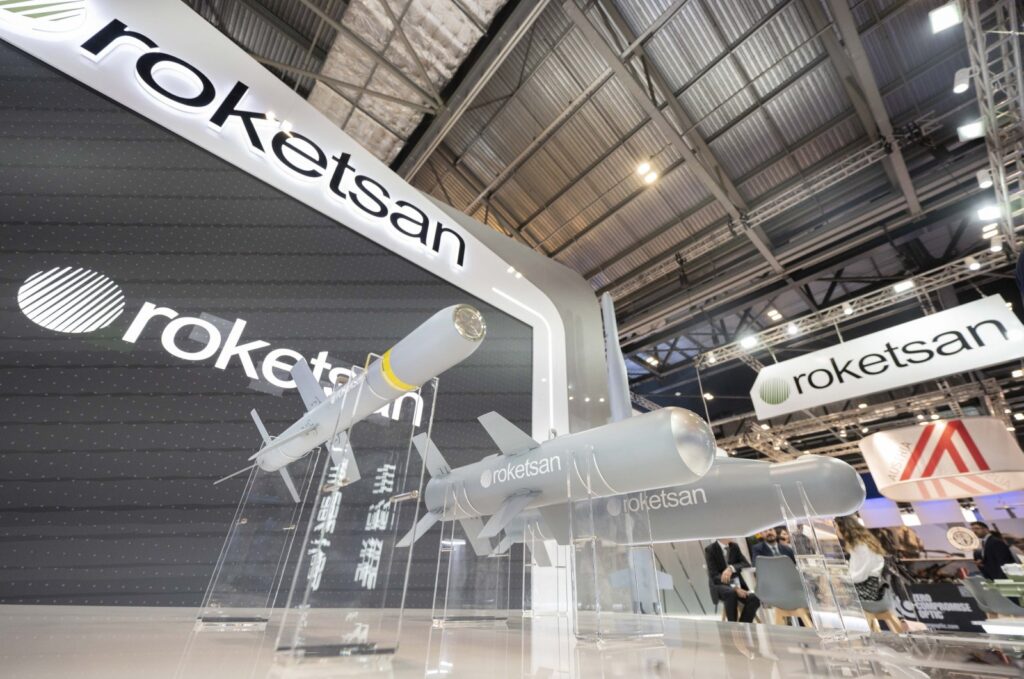 Roketsan's booth at the Defense and Security Equipment International (DSEI) exhibition in London, U.K., Sept. 12, 2023. (AA Photo)