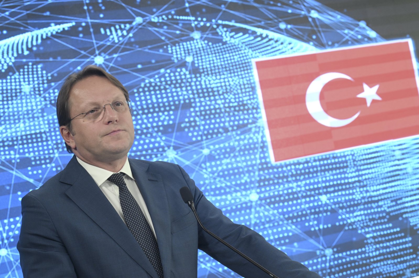 EU Commissioner Oliver Varhelyi holds a press conference after signing the Digital Europe Program and the Single Market Program with Turkish Industry and Technology Minister Fatih Kacır in the capital Ankara, Türkiye, Sept. 7, 2023. (AA Photo)