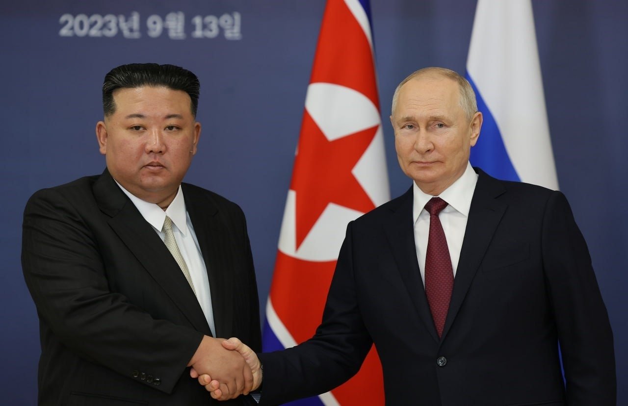 North Korean leader Kim Jong Un (L) shakes hand with President Vladimir Putin at the Vostochny Cosmodrome in Uglegorsk, Russia, Sept. 13, 2023. (IHA Photo)