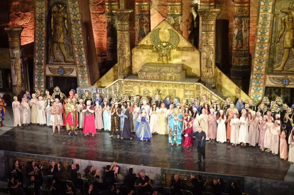 The full cast of "Aida" with the conductor Fabrizio Maria Carminati, Antalya, Türkiye, Sept. 4, 2023. (Photo by Peter Dore)