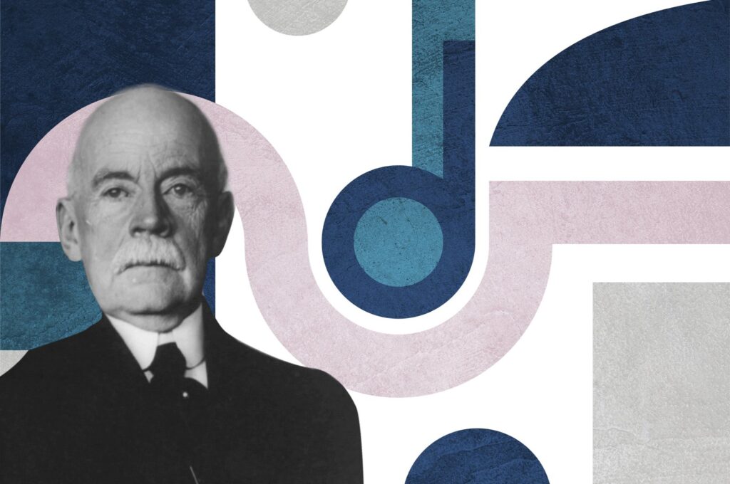 The illustration shows Charles H. Duell, the commissioner of the United States Patent and Trademark Office in 1899. (Illustration by Büşra Öztürk)
