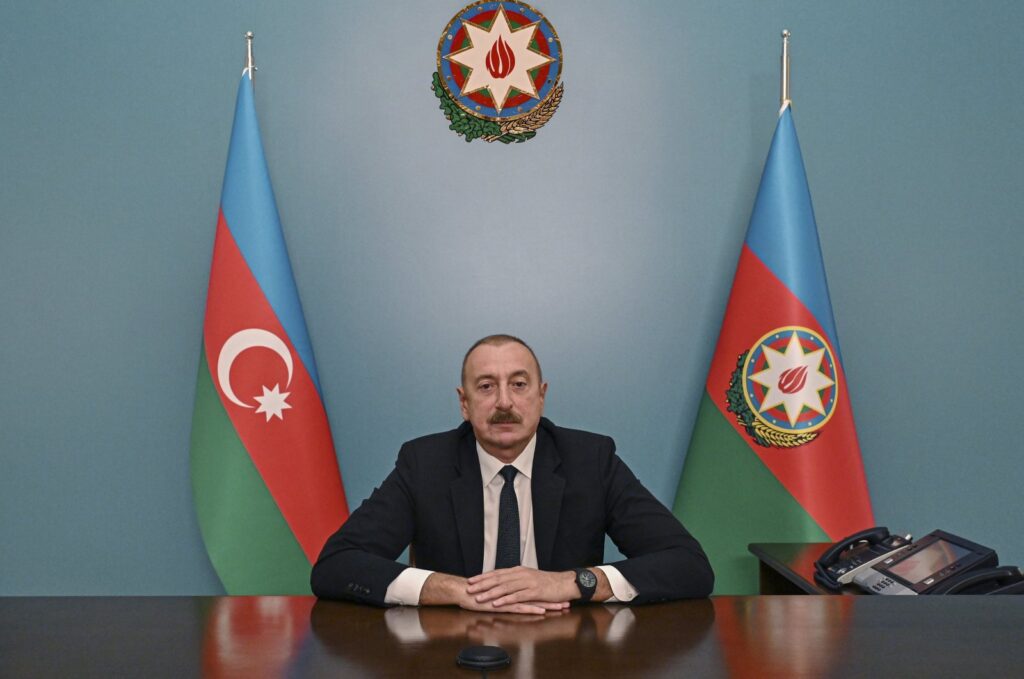 Azerbaijani President Ilham Aliyev delivers his speech to the Azeri people following the Azerbaijan's military operation in Nagorno-Karabakh, in Baku, Azerbaijan, Sept. 20, 2023. (EPA Photo)
