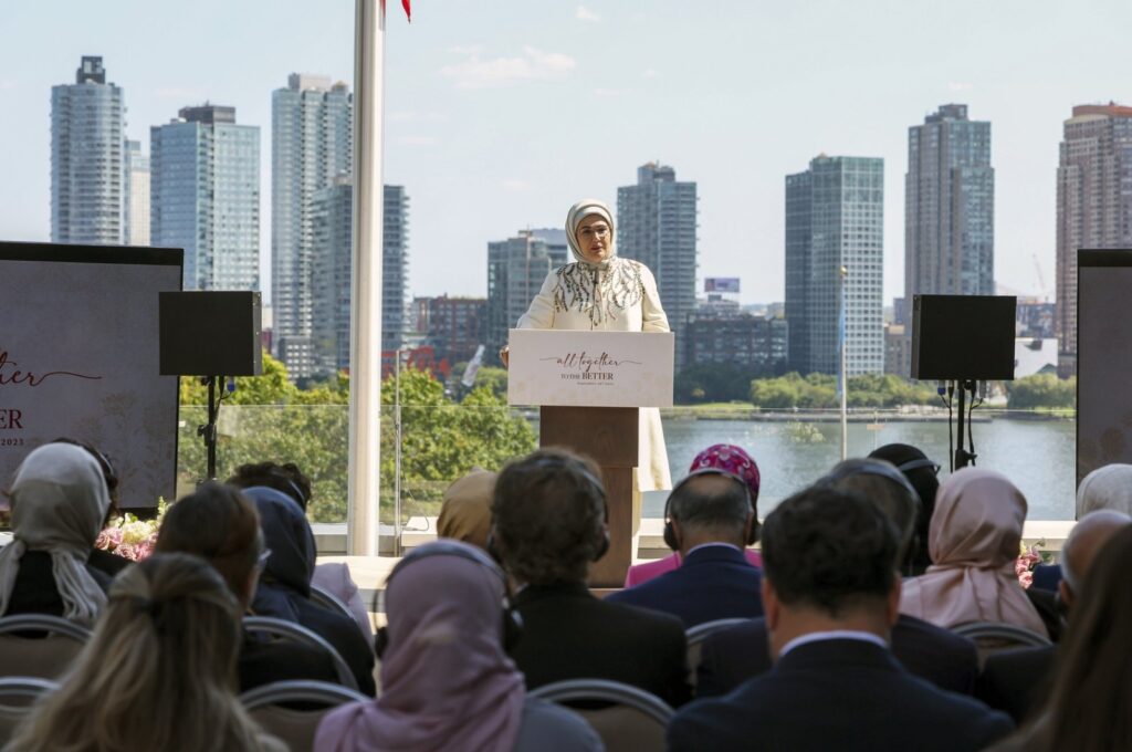 Turkish first lady Emine Erdoğan speaks at the "All Together, to the Better" event in New Yok, U.S., Sept. 20, 2023. (DHA Photo)