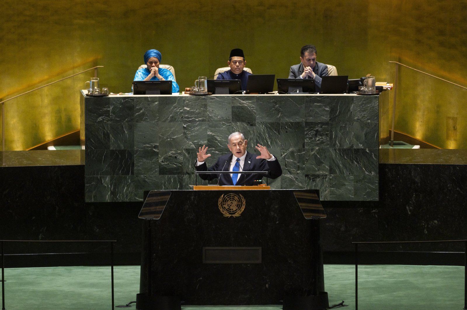 Israel's Prime Minister Benjamin Netanyahu addresses the 78th session of the United Nations General Assembly at United Nations Headquarters in New York, Sept. 22, 2023.  (EPA Photo)