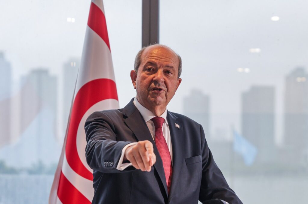 President of the Turkish Republic of Northern Cyprus (TRNC) Ersin Tatar talks to reporters on the sidelines of the 78th United Nations General Assembly at the Turkısh House, in New York, U.S., Sept. 23, 2023. (AA Photo)