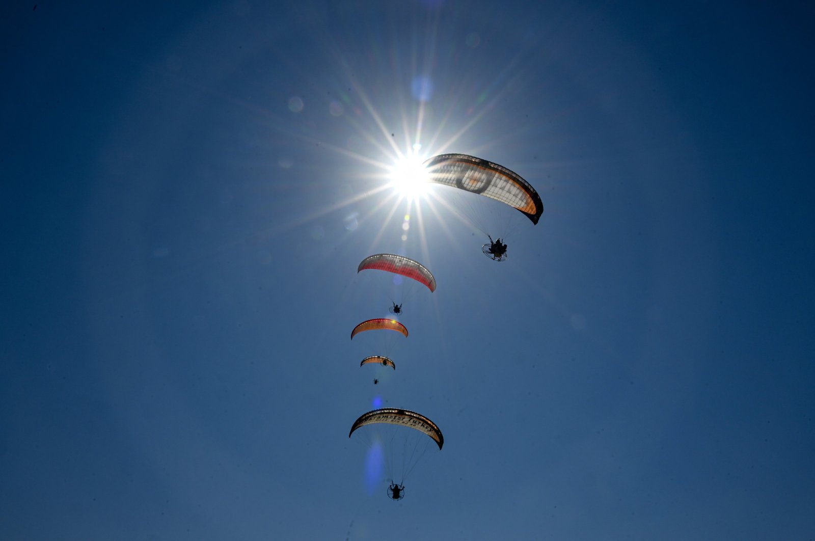 Paragliding enthusiasts are photographed beneath the sunny sky of eastern Türkiye's Van, Sept. 24, 2023. (AA Photo)