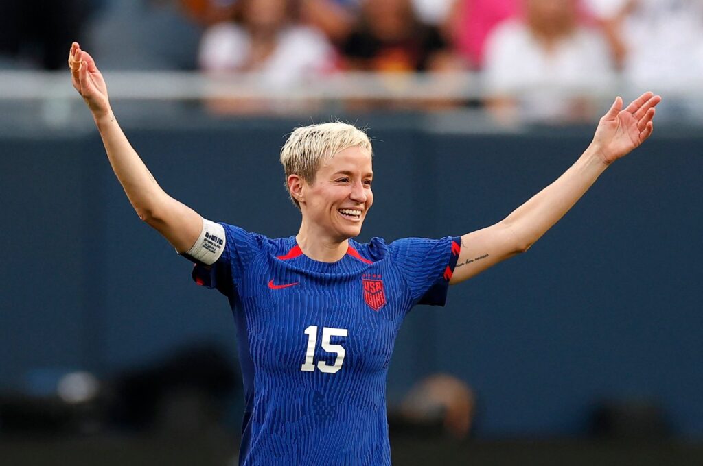 U.S. forward Megan Rapinoe celebrates her team's second goal scored by U.S defender Emily Sonnett during the women's international friendly football match between the United States and South Africa at Soldier Field, Chicago, U.S., Sept. 24, 2023. (AFP Photo)