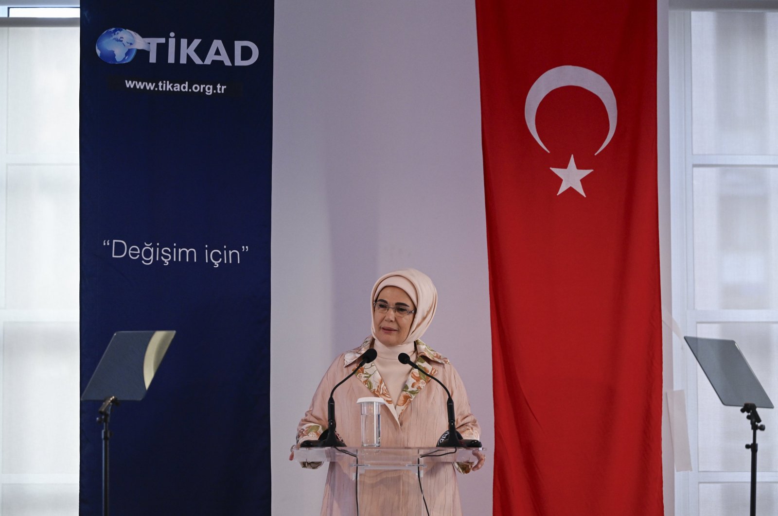 First lady Emine Erdoğan speaks at the "Women Leading the World" event in New York, U.S., Sept. 21, 2023. (AA Photo)