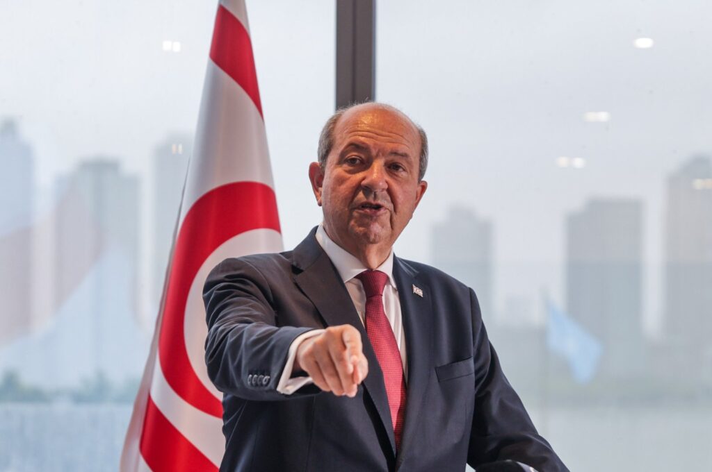 Turkish Republic of Northern Cyprus (TRNC) President Ersin Tatar speaks at an event at the Turkish House (Türkevi), New York, U.S., Sept. 23, 2023. (AA Photo)