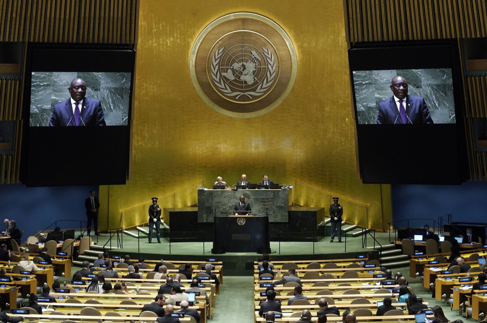 South Africa's President Matamela Cyril Ramaphosa addresses the 78th session of the United Nations General Assembly, New York, U.S., Sept. 19, 2023. (AP Photo)