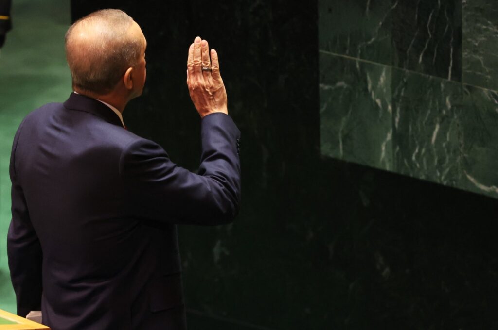 President Recep Tayyip Erdoğan addresses world leaders during the United Nations General Assembly, New York City, U.S., September 19, 2023. (AFP Photo)