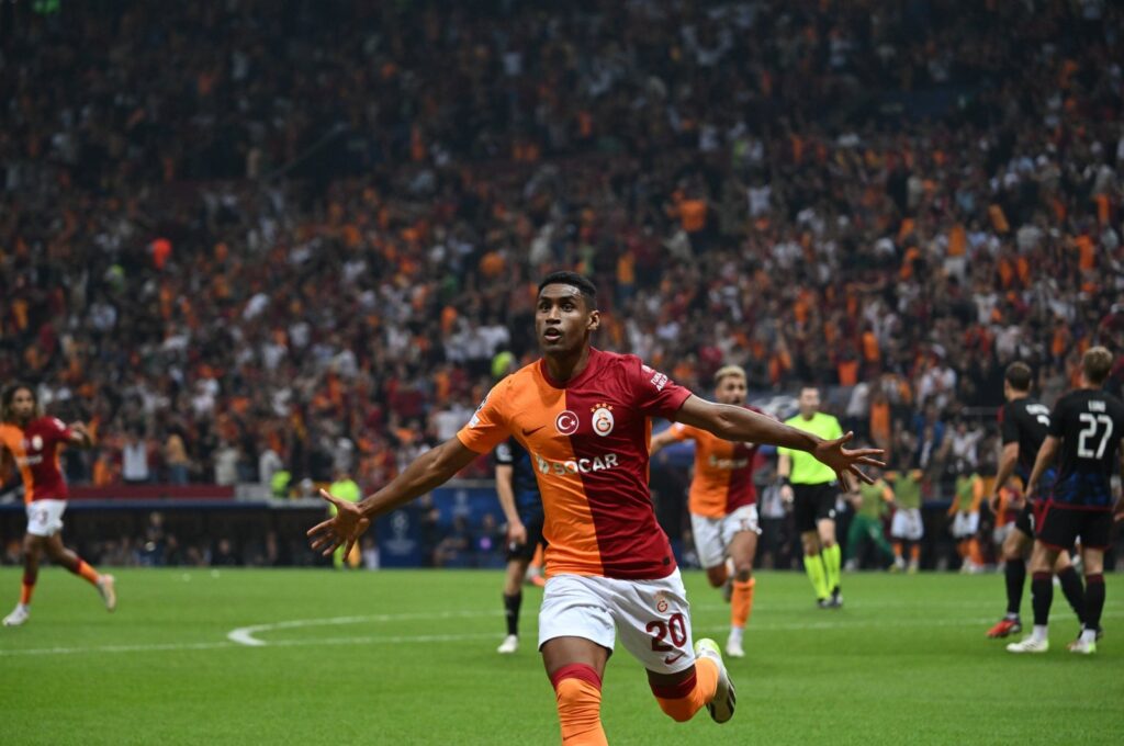 Galatasaray's Tete celebrates after scoring against Copenhagen during the UCL match at RAMS Park, Istanbul, Türkiye, Sept. 20, 2023. (AA Photo)