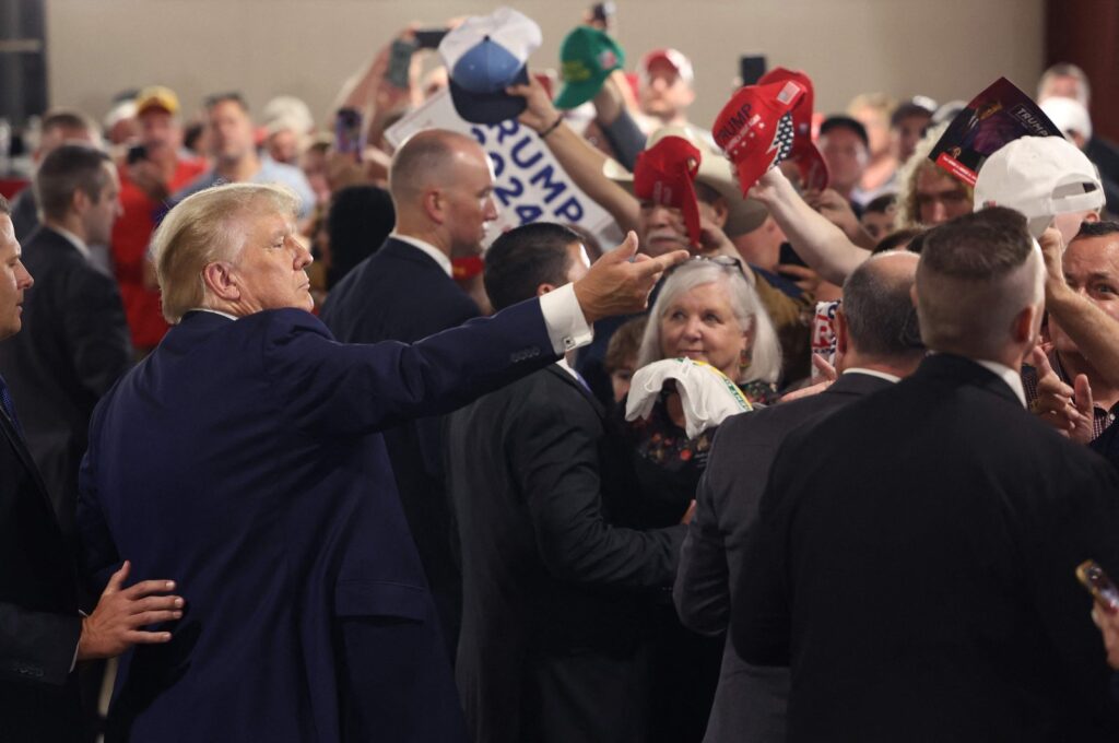 2024 Republican presidential candidate and former U.S. President Donald Trump greets guests following a "Commit To Caucus" rally at the Jackson County Fairgrounds in Maquoketa, Iowa, U.S., Sept. 20, 2023. (AFP Photo)