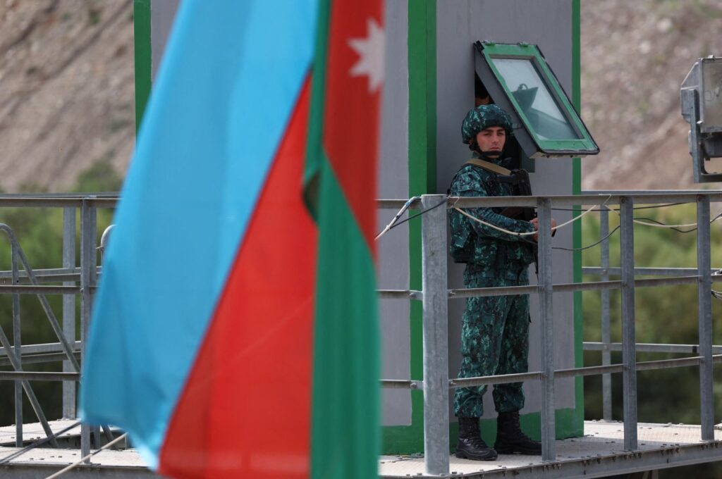 An Azerbaijan soldier stands guard at the Lachin border crossing, Karabakh, Azerbaijan, Sept. 26, 2023. (AFP Photo)