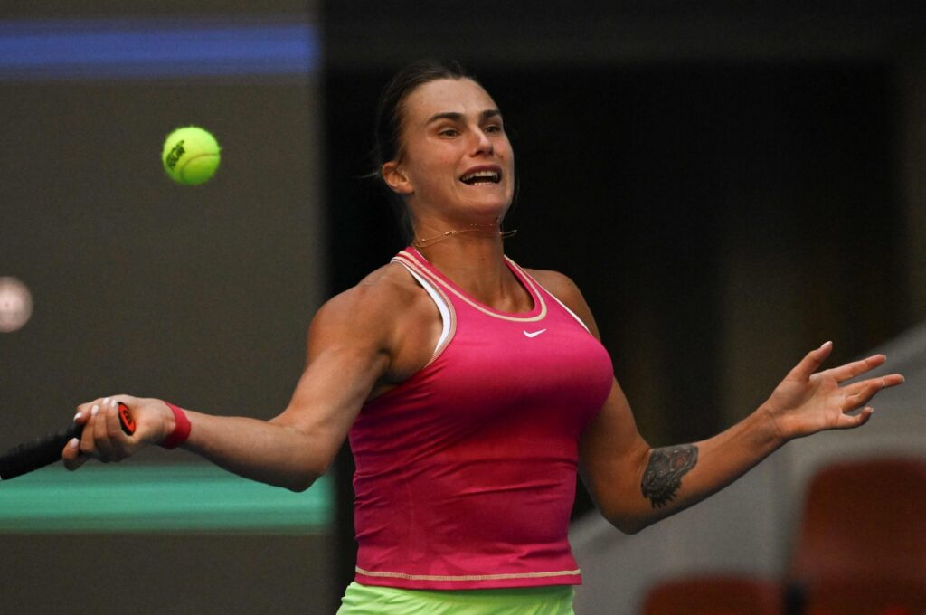 Belarus's Aryna Sabalenka returns to the US' Sofia Kenin during their women's singles match of the WTA China Open tennis tournament, Beijing, China, Oct. 1, 2023. (AFP Photo)