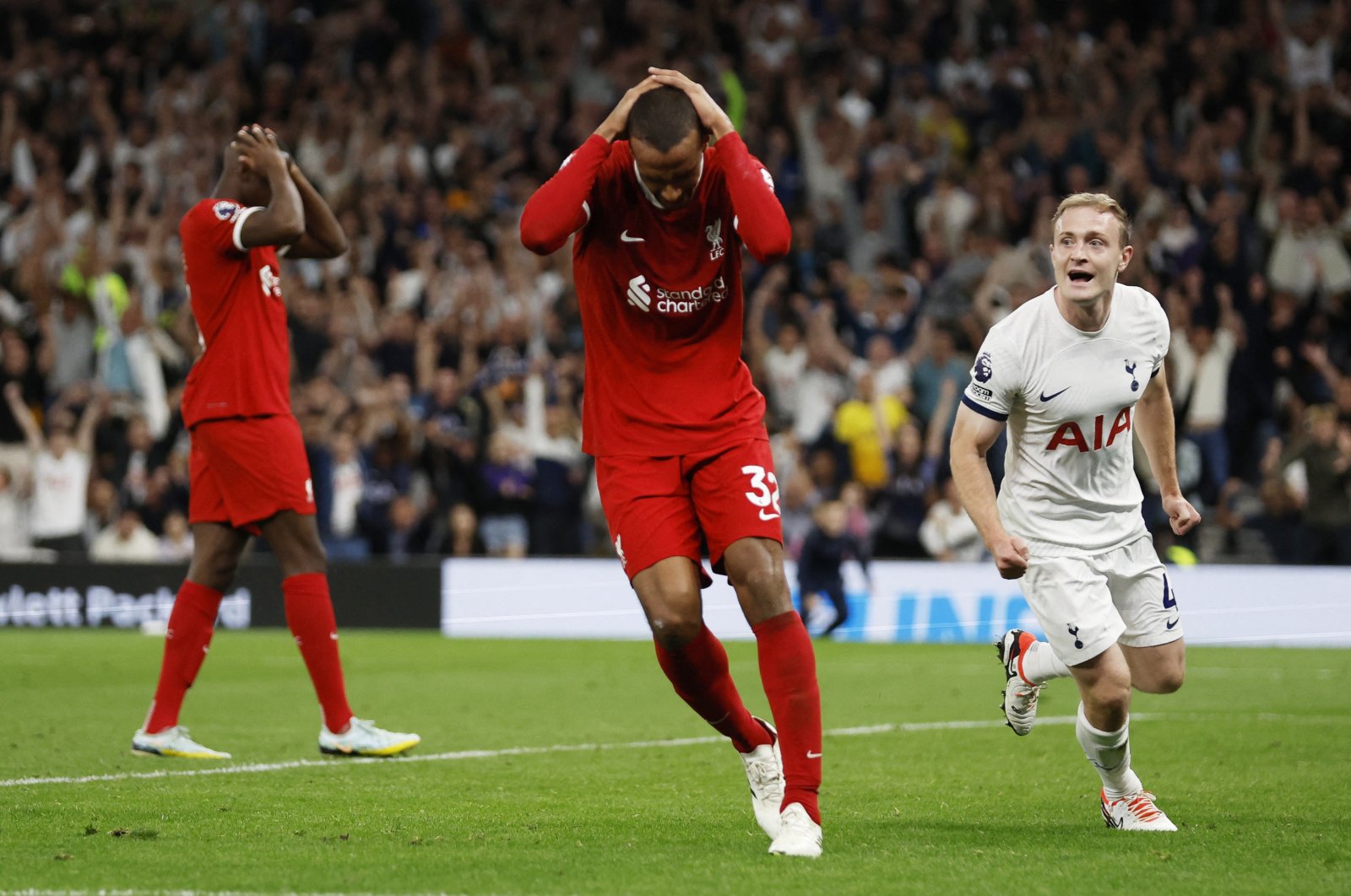 Liverpool's Joel Matip looks dejected after scoring an own goal and Tottenham Hotspur during the English Premier League match between Tottenham Hotspur and Liverpool, London, UK., Sept. 30, 2023. (Reuters Photo)