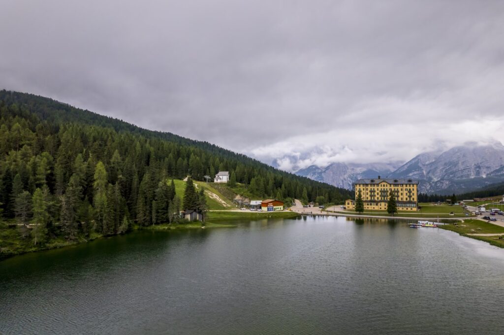 An aerial view of Misurina Lake at Auronzo di Cadore, Misurina, Italy, Aug. 2, 2023. (Getty Images Photo)