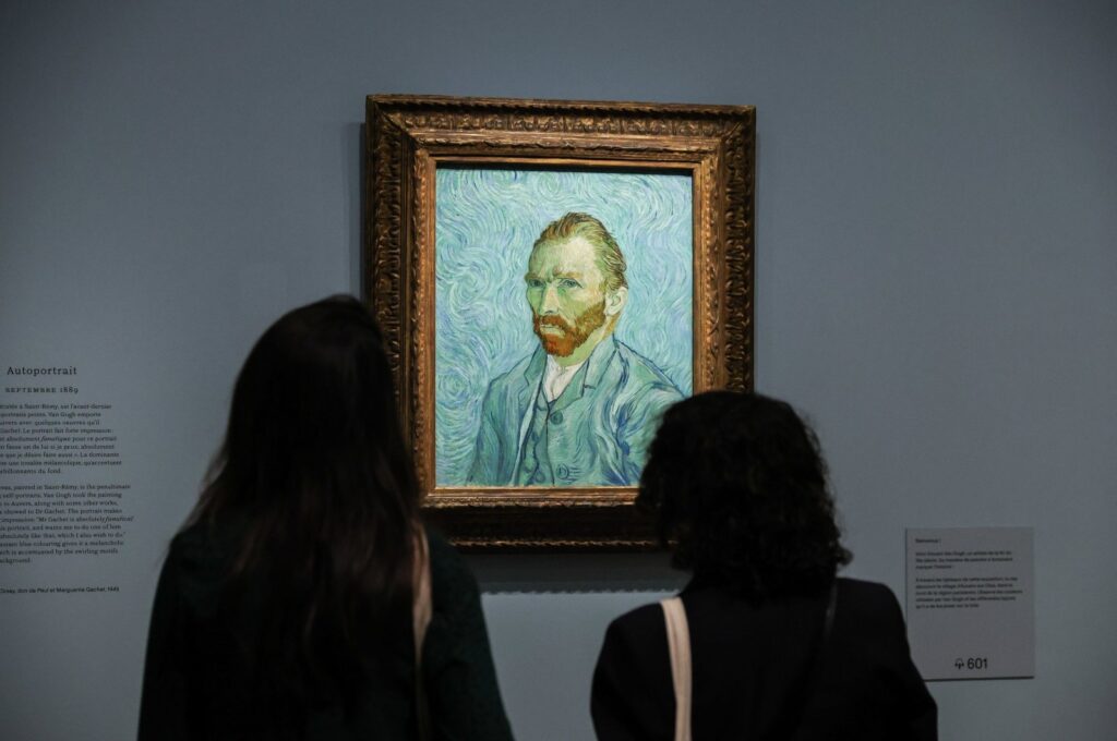 Visitors look at an autoportrait of Vicent Van Gogh during the press preview of the exhibition "Van Gogh in Auvers sur Oise, last months" at Orsay Museum, Paris, France, Sept. 29, 2023. (EPA Photo)
