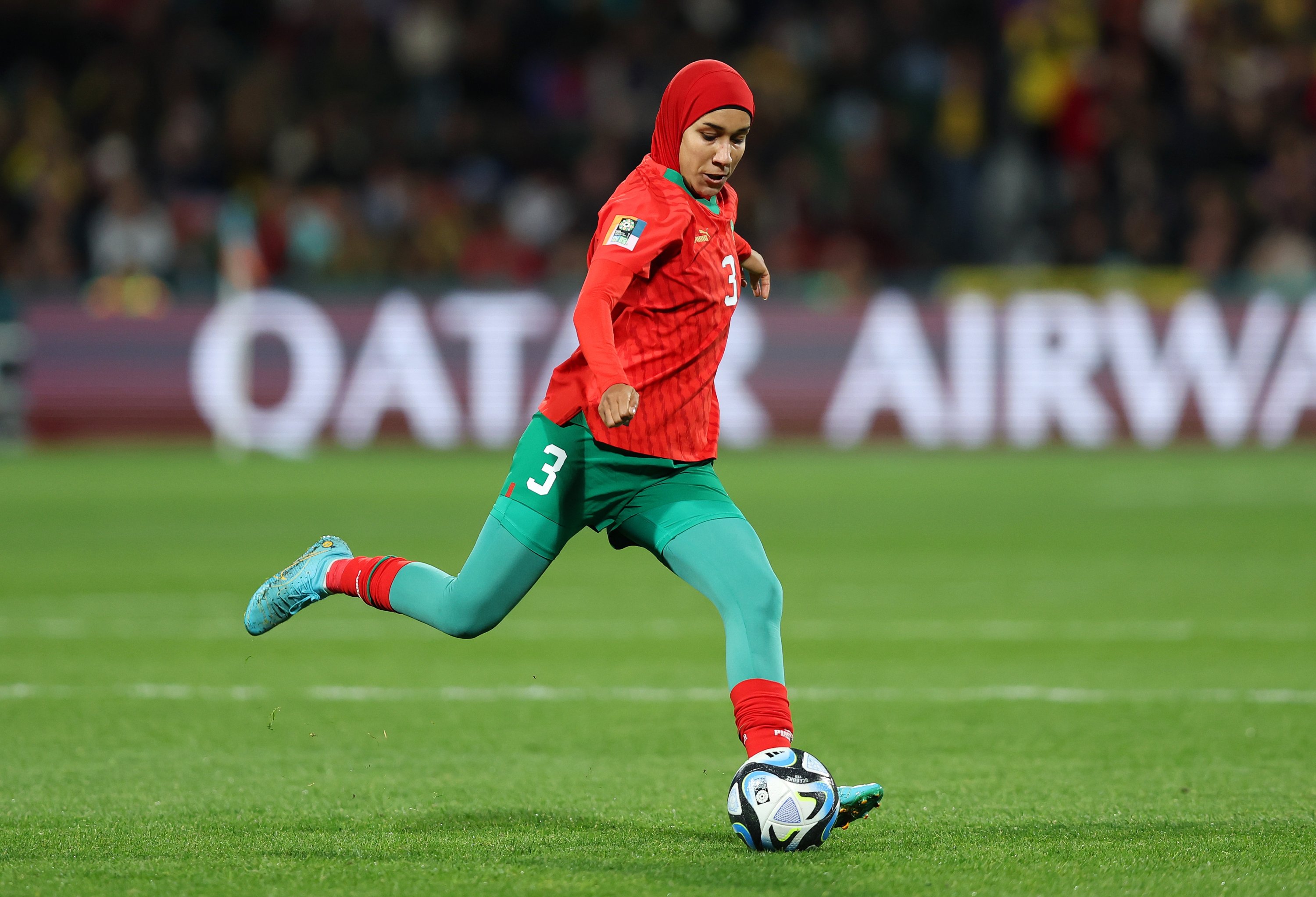 294715 Morocco's Nouhaila Benzina in action during the FIFA Women's World Cup Australia & New Zealand 2023 Group H match between Morocco and Colombia at Perth Rectangular Stadium, Perth, Australia, Aug. 03, 2023. (Getty Images Photo)