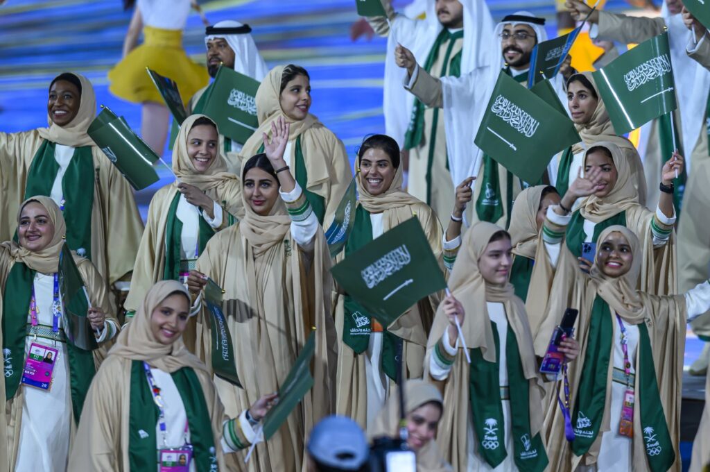 Members of Saudi Arabia's delegation take part in the athletes parade during the opening ceremony of The 19th Asian Games Hangzhou 2022 at the Hangzhou Olympic Sports Centre Stadium, Hangzhou, China, Sept. 23, 2023. (Reuters Photo)
